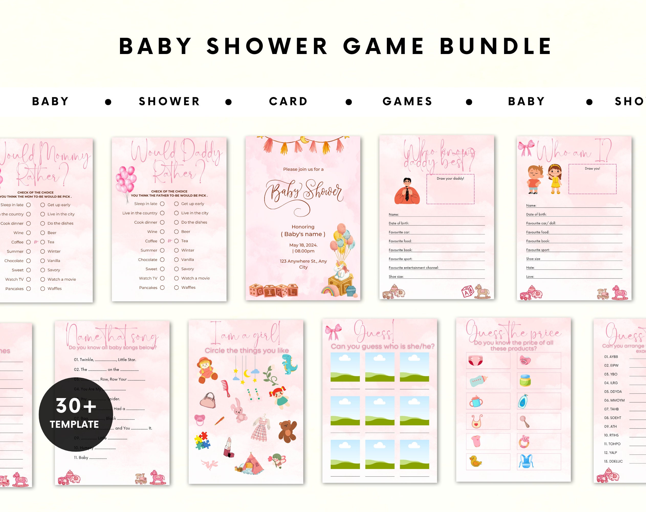 Baby Shower Games Bundle | Baby Trivia Game | Baby Shower Trivia Pink | Editable baby shower | Baby shower activity | Baby shower bundle