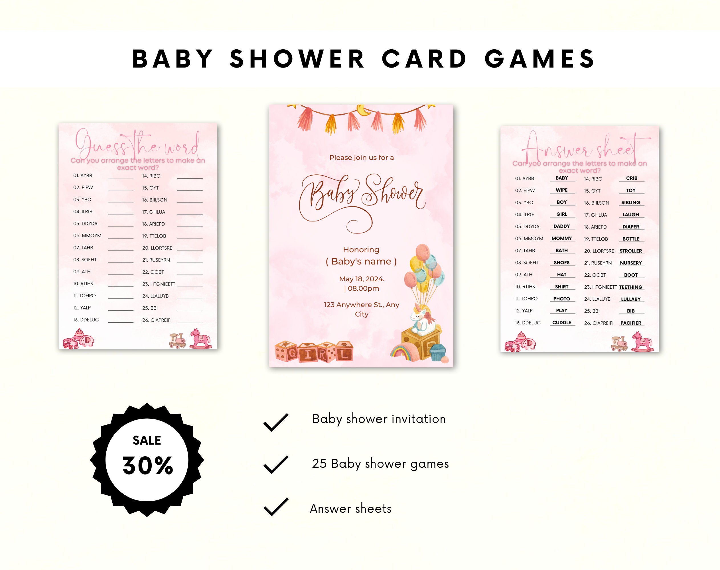 Baby Shower Games Bundle | Baby Trivia Game | Baby Shower Trivia Pink | Editable baby shower | Baby shower activity | Baby shower bundle - Image 5