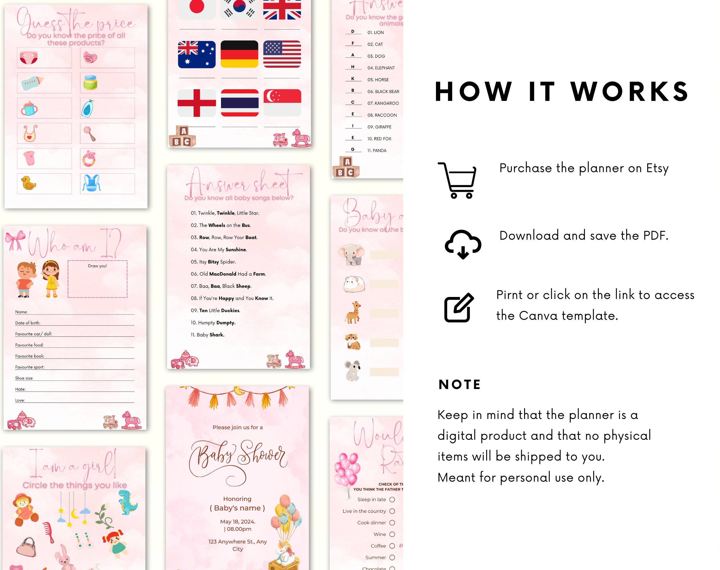 Baby Shower Games Bundle | Baby Trivia Game | Baby Shower Trivia Pink | Editable baby shower | Baby shower activity | Baby shower bundle - Image 2