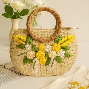 Handmade Straw Tote Bag with Bamboo Handles – Natural Woven Beach Bag for Summer and Casual Use